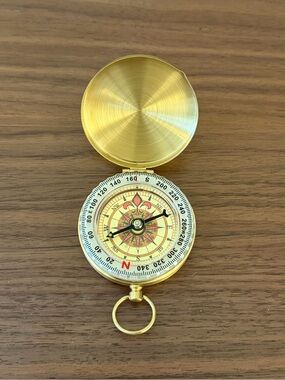 Gold-Tone Brass Pocket Compass with Hinged Lid and Original Box